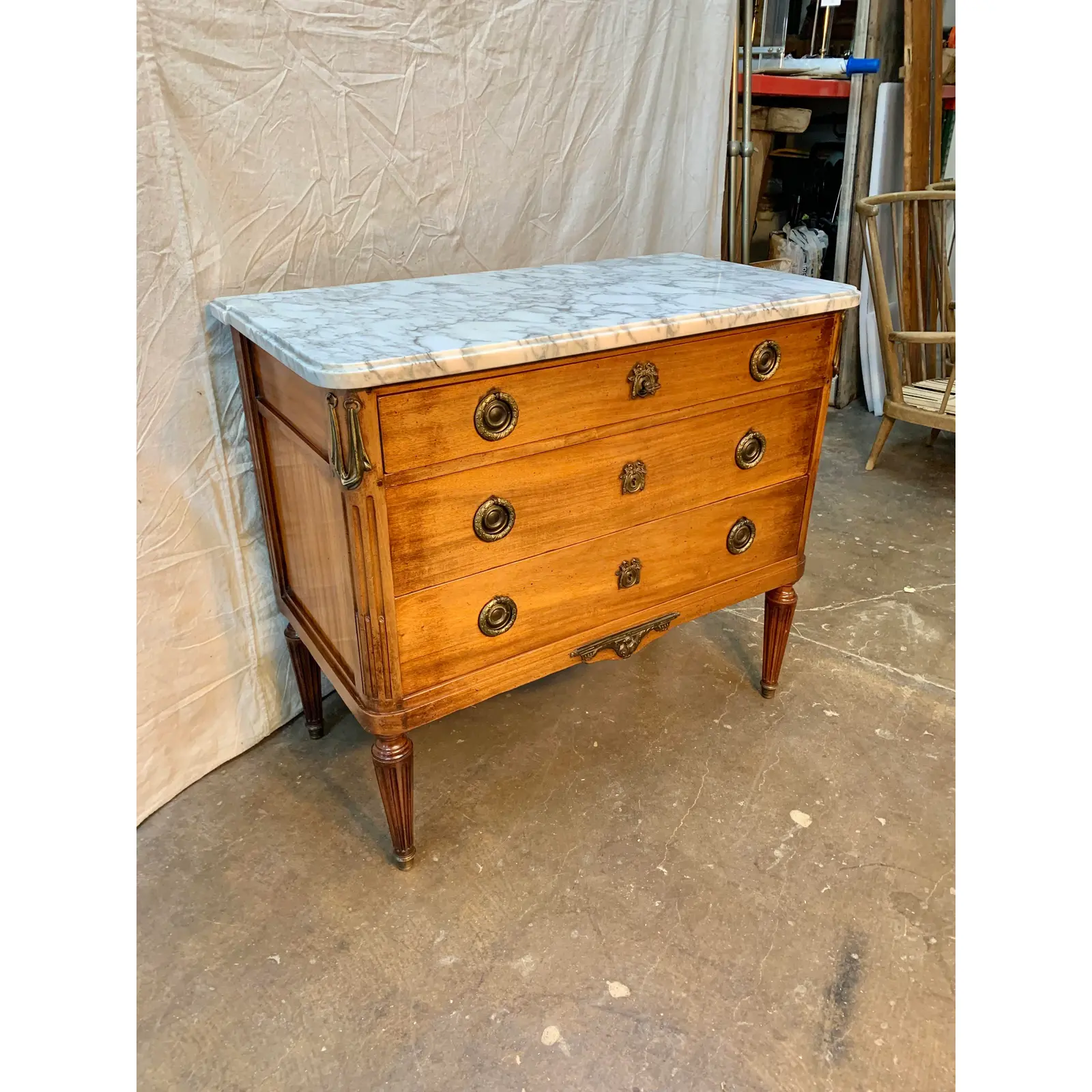 Early 1900s French Louis XVI Walnut Chest of Drawers With Marble Top