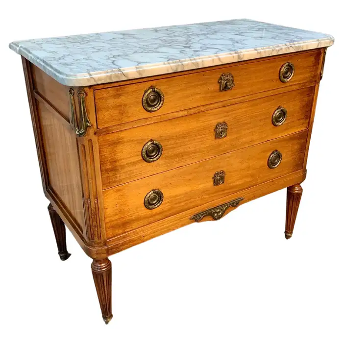 Early 1900s French Louis XVI Walnut Chest of Drawers With Marble Top