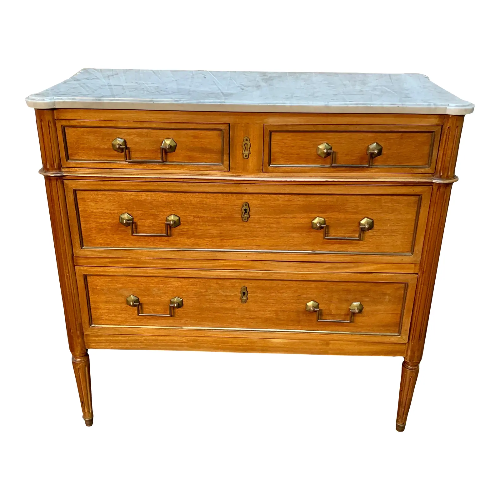 Early 1900s French Walnut Chest of Drawers With Marble Top