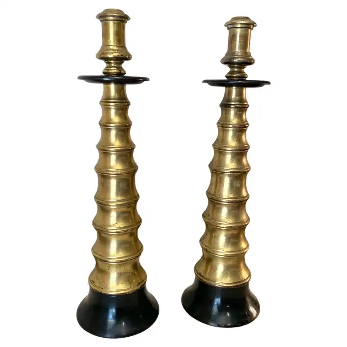 Mid 20th Century Brass and Ebonized Candle Holders - a Pair