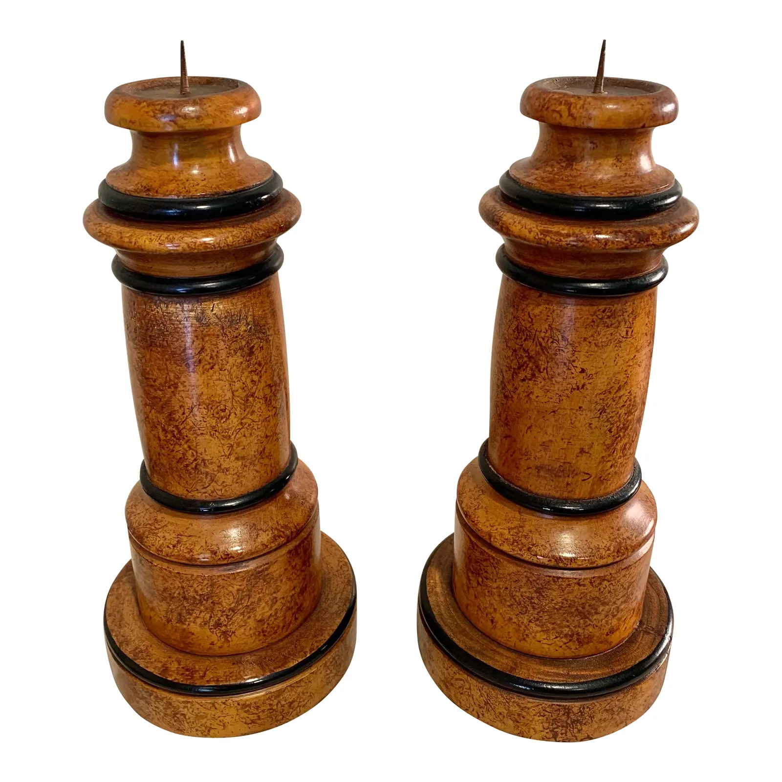 Mid 20th Century Faux Burlwood and Ebonized Candleholders - a Pair
