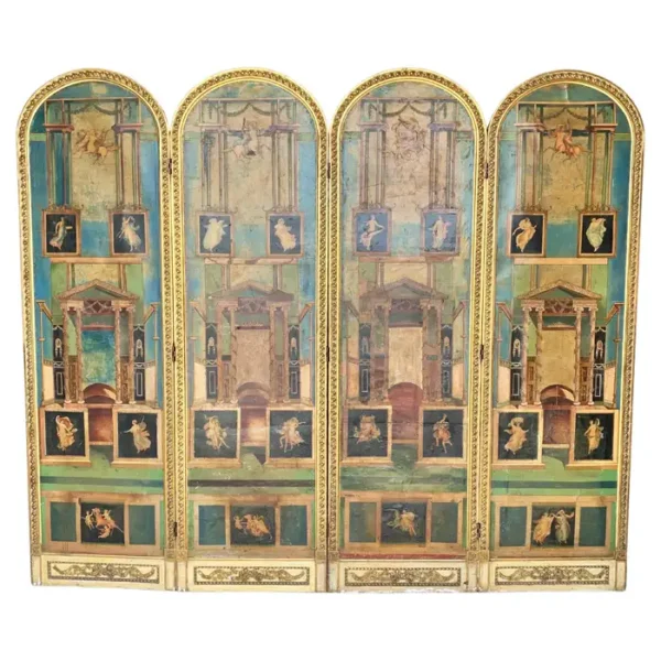 19th Century Italian Neoclassical Hand Painted Four Panel Folding Screen