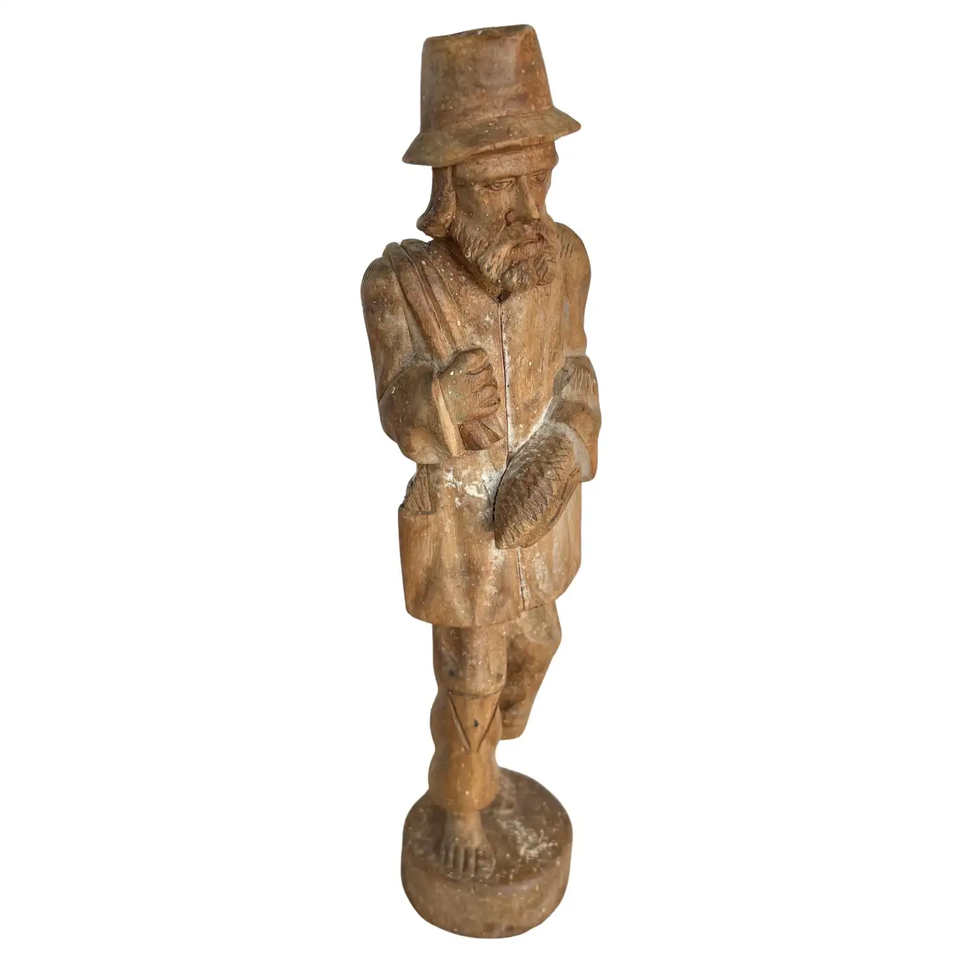 Early 20th Century Wood Hand Carved Fisherman Statue
