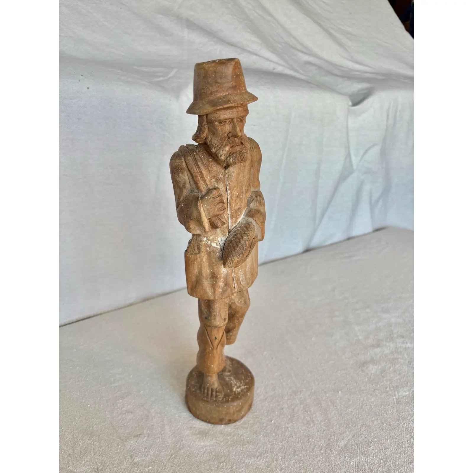 Early 20th Century Wood Hand Carved Fisherman Statue - Image 2