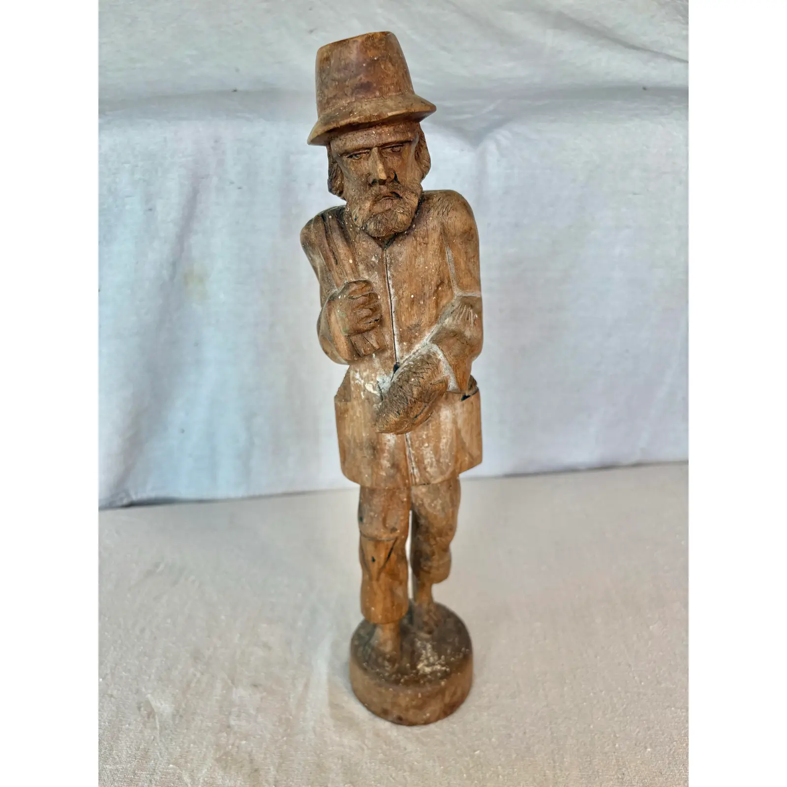 Early 20th Century Wood Hand Carved Fisherman Statue - Image 3