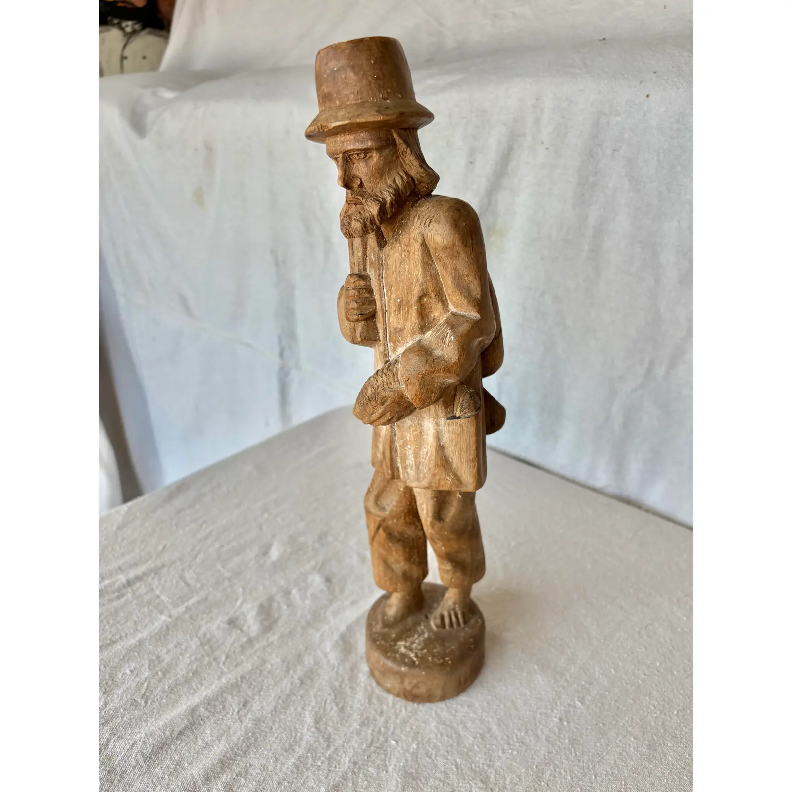 Early 20th Century Wood Hand Carved Fisherman Statue - Image 4
