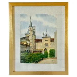 Mid 20th Century Framed French Watercolor Painting of Chateau La Roche Pot