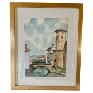 Mid 20th Century Framed French Watercolor Painting of St Jean Pied De Port