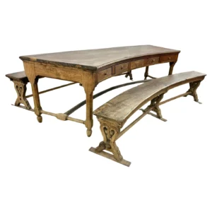 18th Century French Walnut Crescent Table and Two Benches