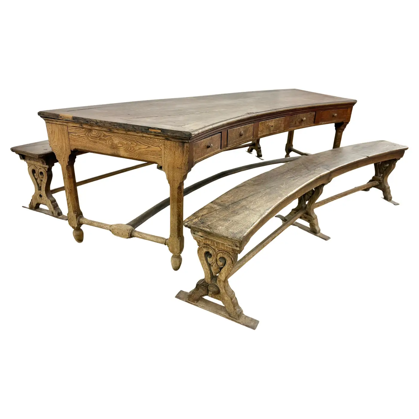 18th Century French Walnut Crescent Table and Two Benches