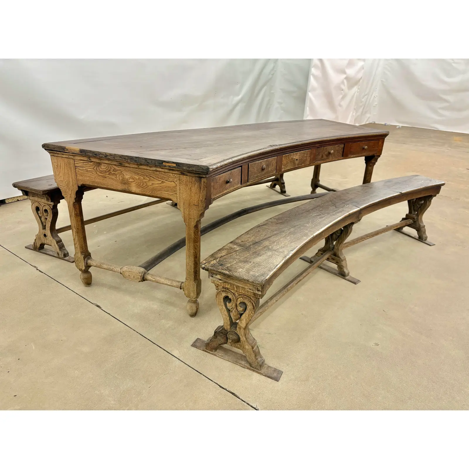18th Century French Walnut Crescent Table and Two Benches - Image 2