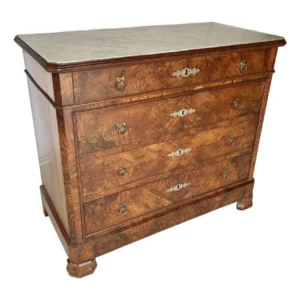 Late 19th Century French Louis Philippe Burled Walnut and Marble Top Chest of Drawers Commode
