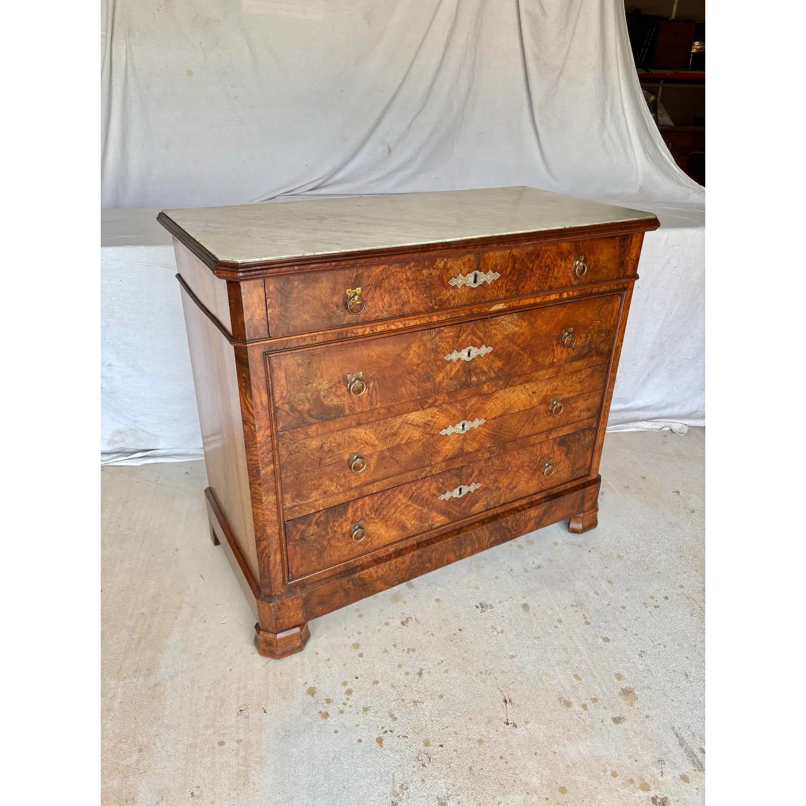 Late 19th Century French Louis Philippe Burled Walnut and Marble Top Chest of Drawers Commode - Image 2