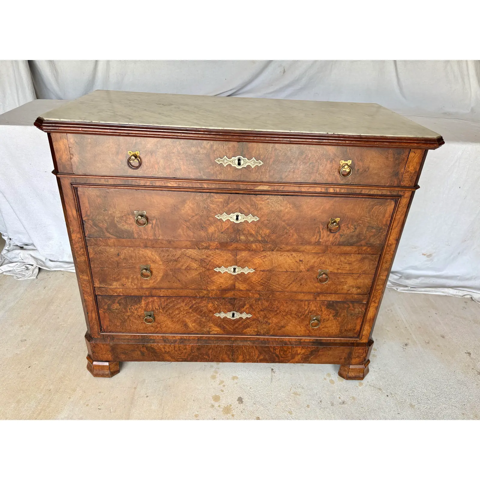 Late 19th Century French Louis Philippe Burled Walnut and Marble Top Chest of Drawers Commode - Image 11