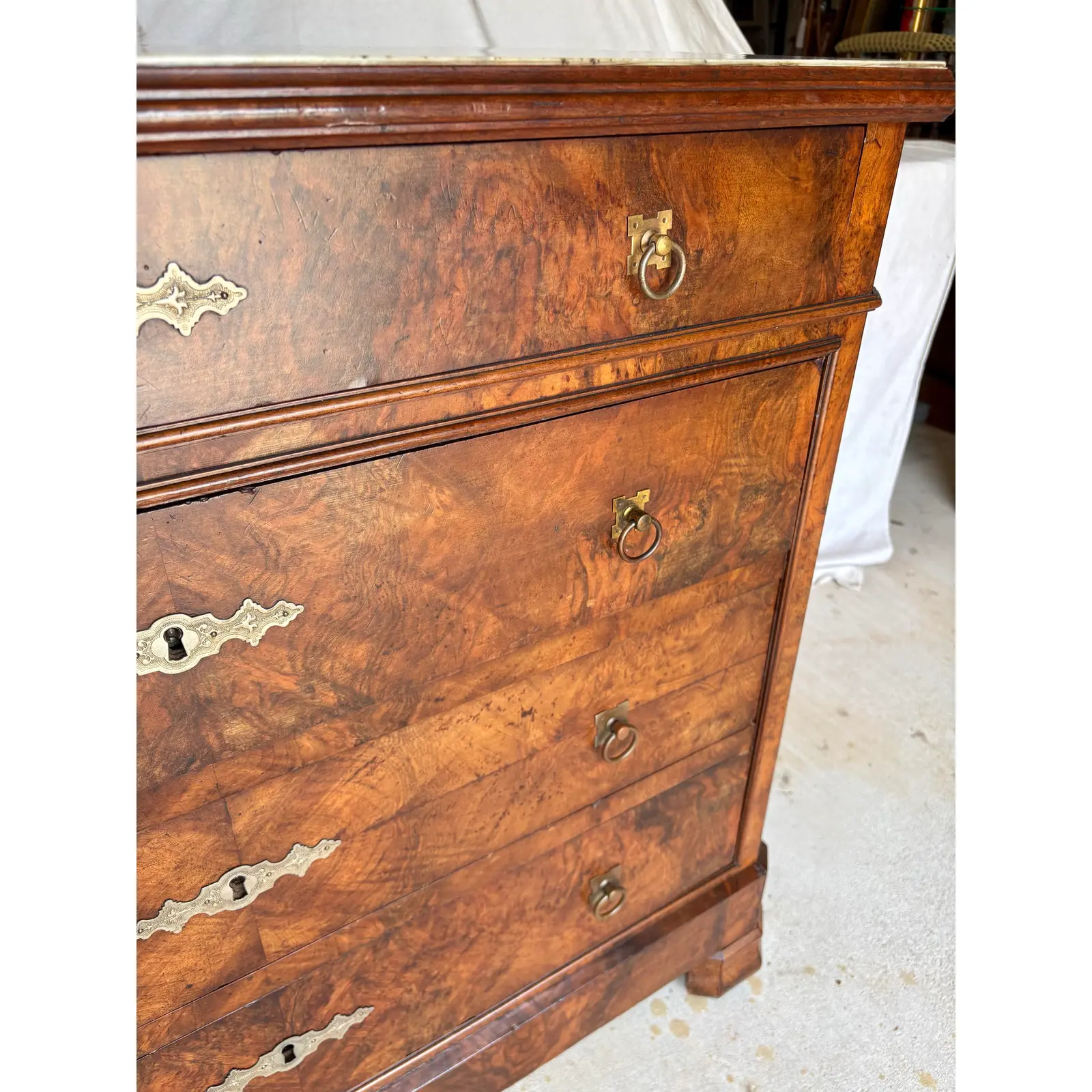 Late 19th Century French Louis Philippe Burled Walnut and Marble Top Chest of Drawers Commode - Image 12