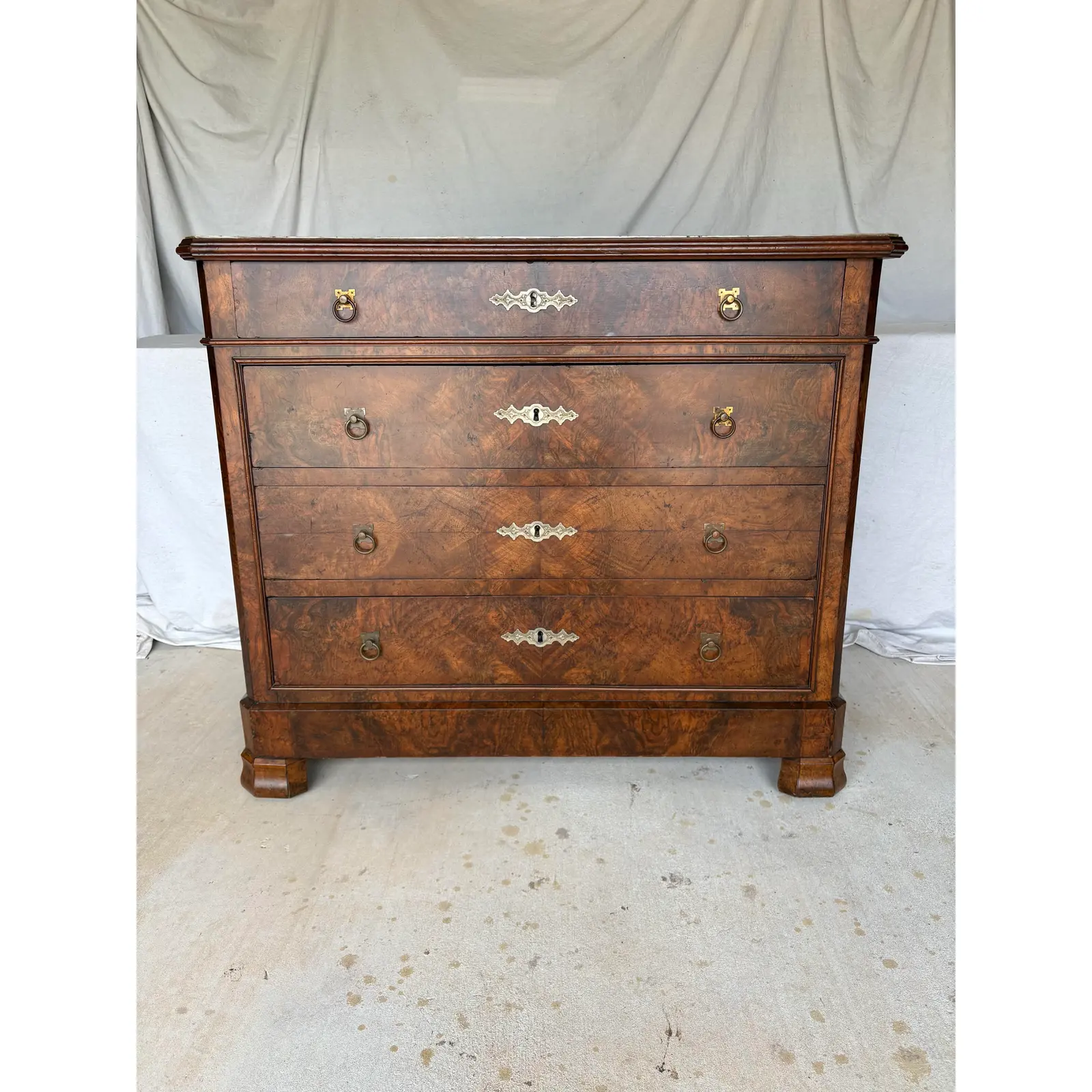 Late 19th Century French Louis Philippe Burled Walnut and Marble Top Chest of Drawers Commode - Image 3