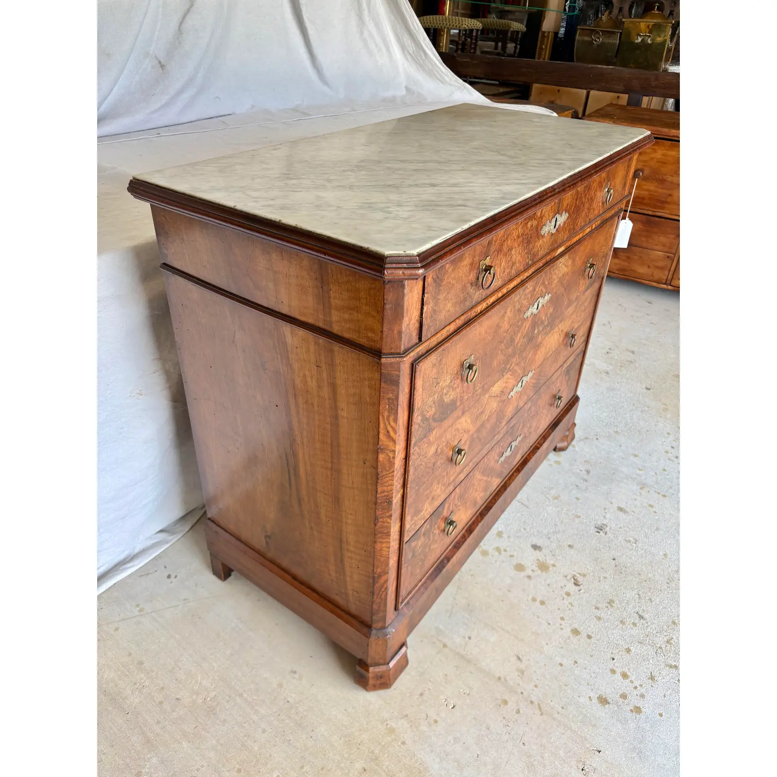 Late 19th Century French Louis Philippe Burled Walnut and Marble Top Chest of Drawers Commode - Image 4