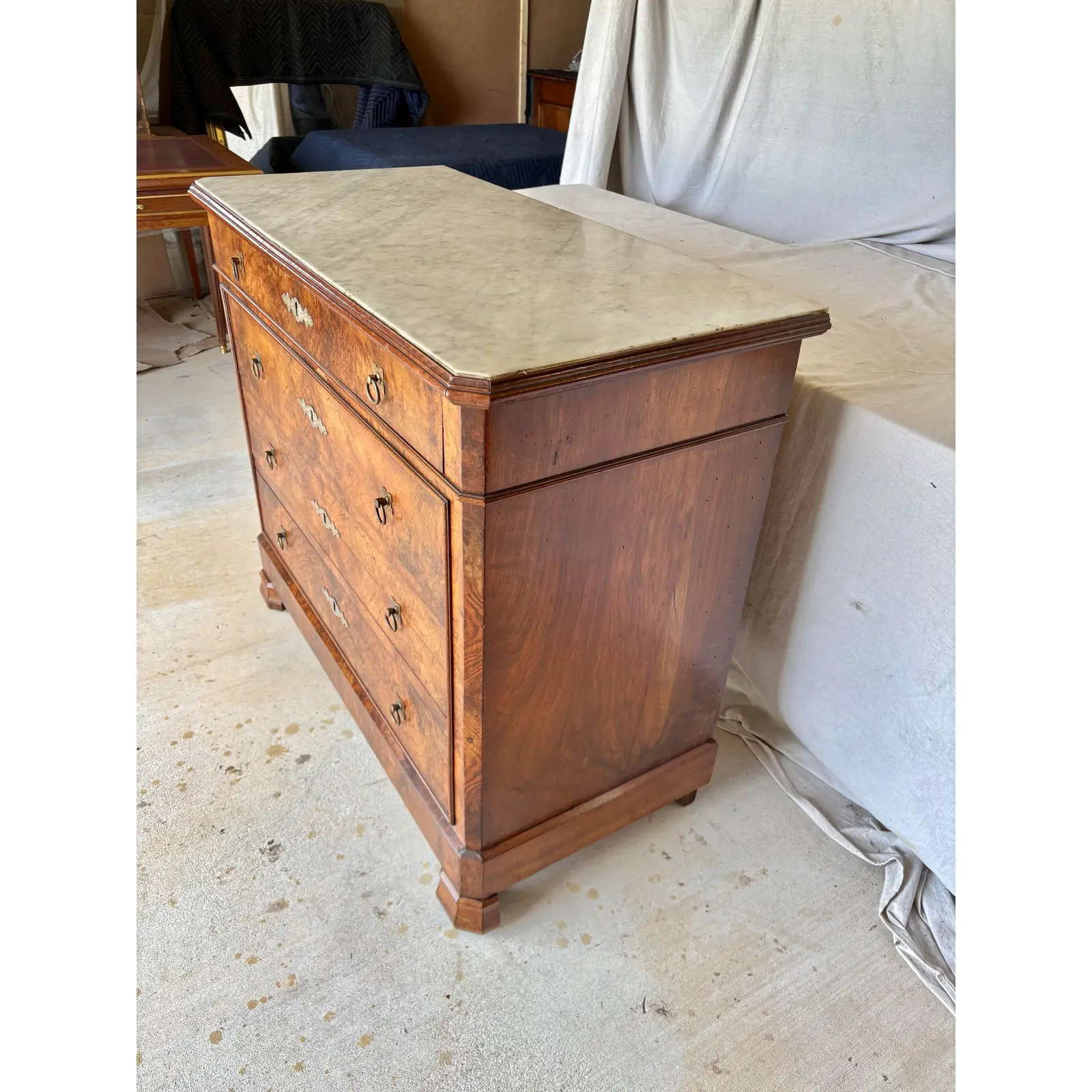 Late 19th Century French Louis Philippe Burled Walnut and Marble Top Chest of Drawers Commode - Image 5