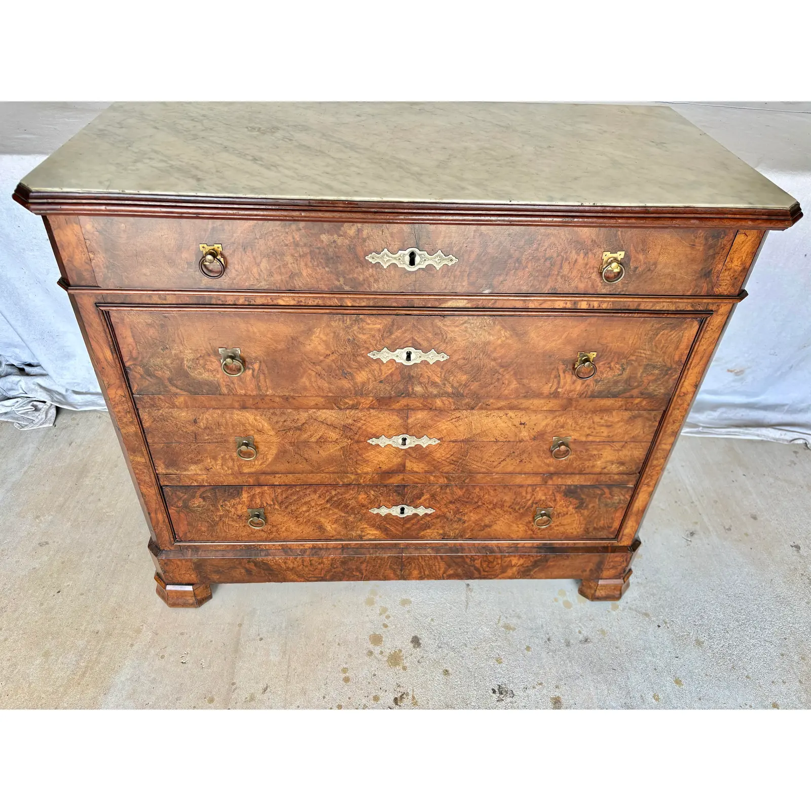 Late 19th Century French Louis Philippe Burled Walnut and Marble Top Chest of Drawers Commode - Image 6
