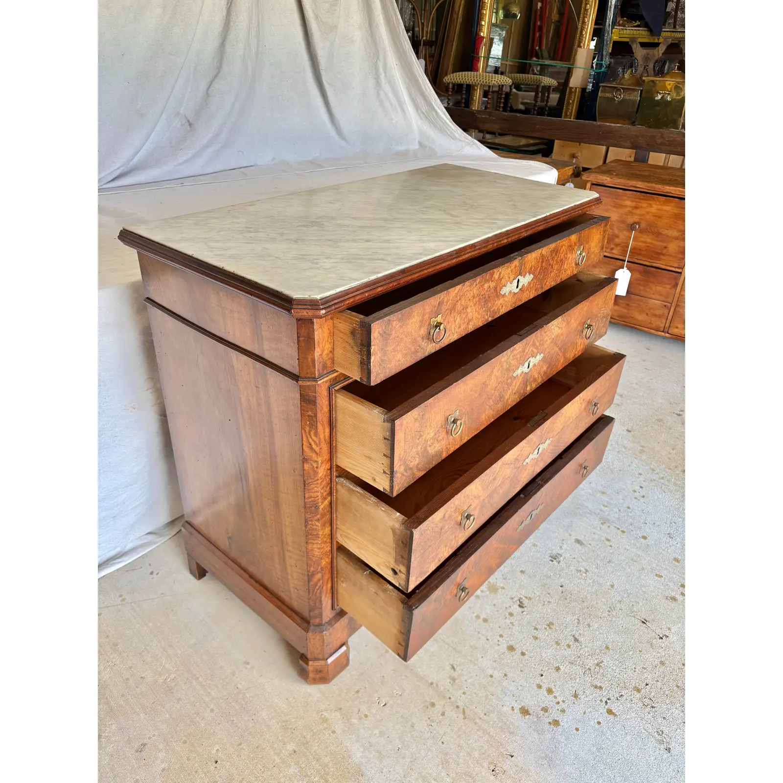 Late 19th Century French Louis Philippe Burled Walnut and Marble Top Chest of Drawers Commode - Image 7