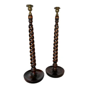19th Century English Oak Open Barley Twist Candlesticks - A Pair