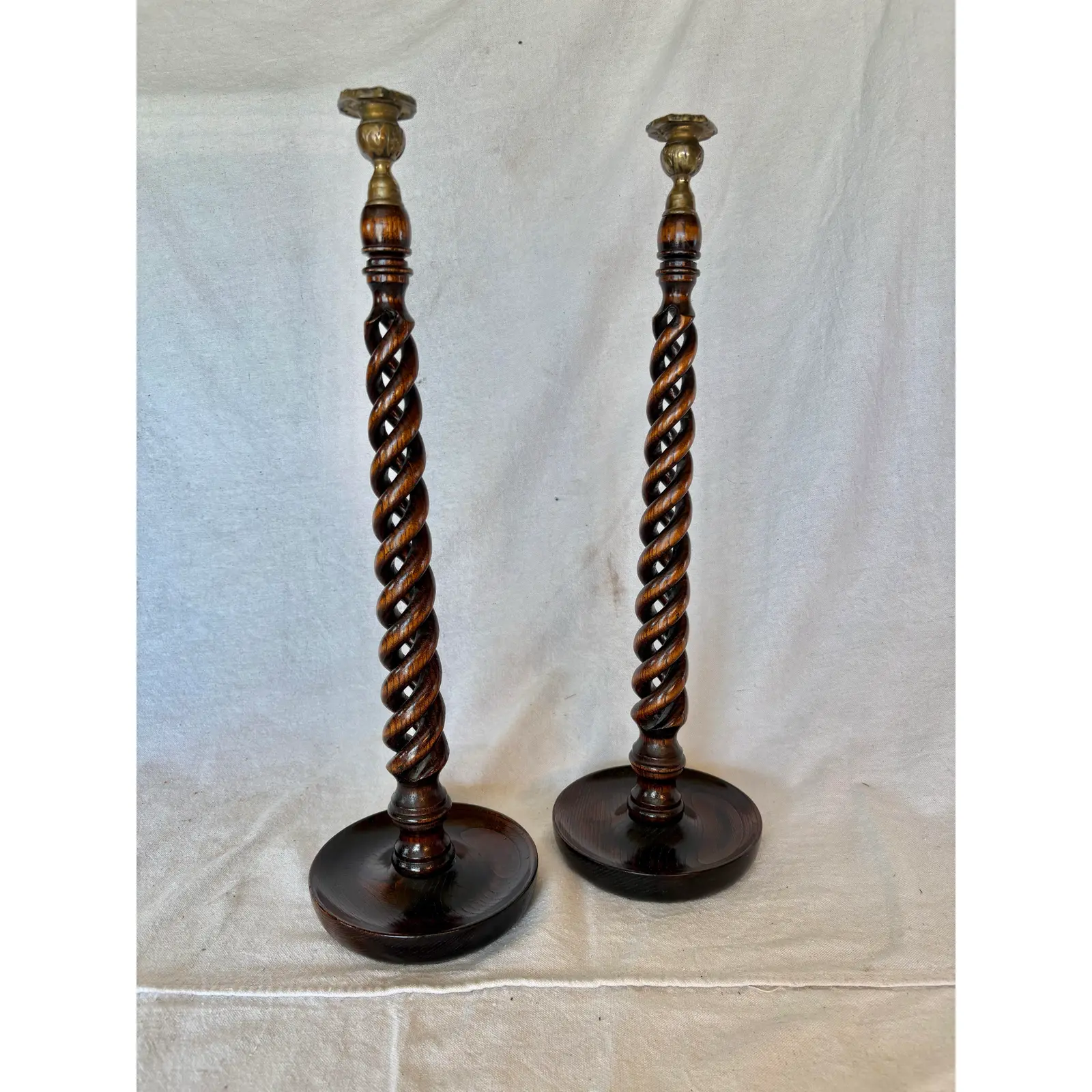 19th Century English Oak Open Barley Twist Candlesticks - A Pair - Image 2