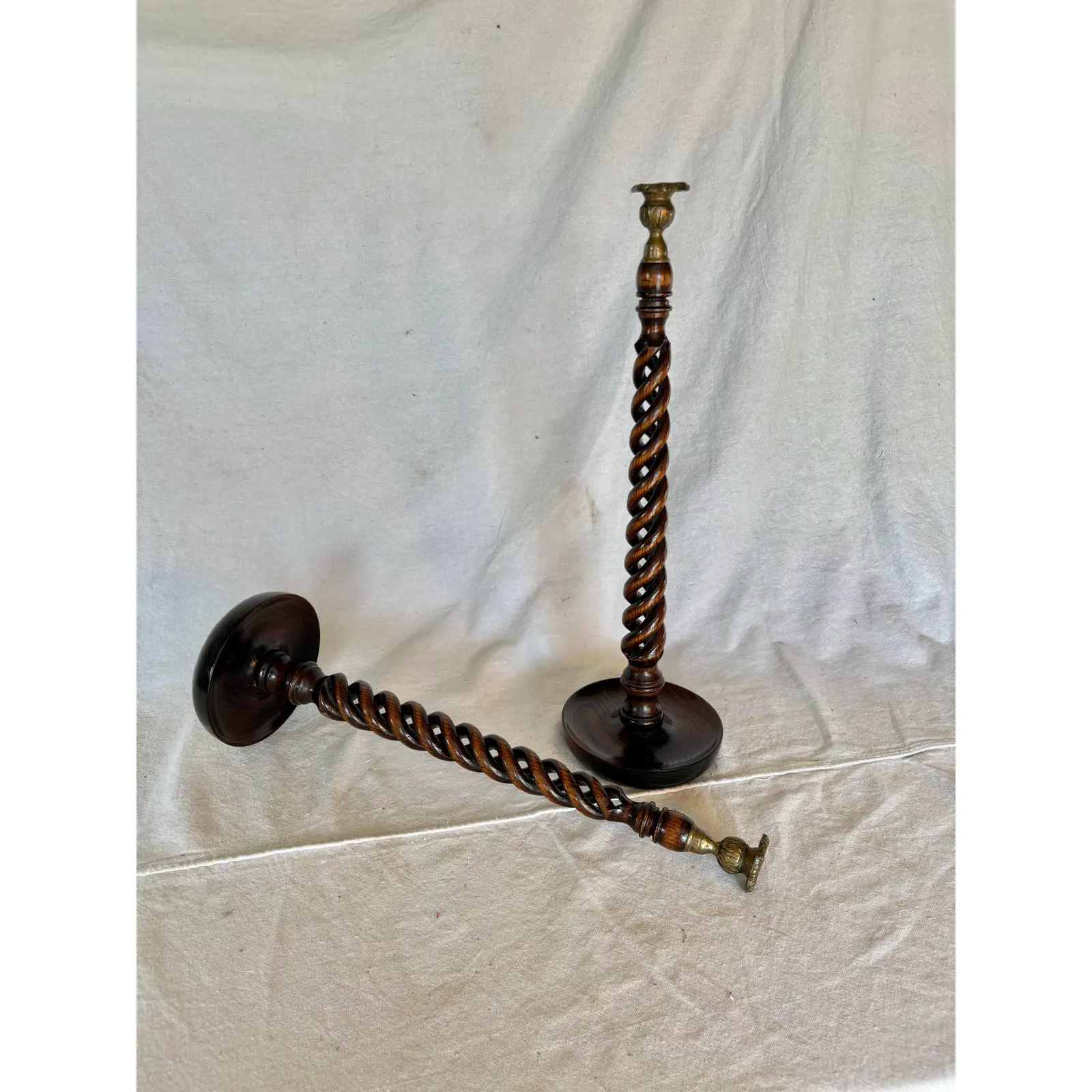 19th Century English Oak Open Barley Twist Candlesticks - A Pair - Image 12