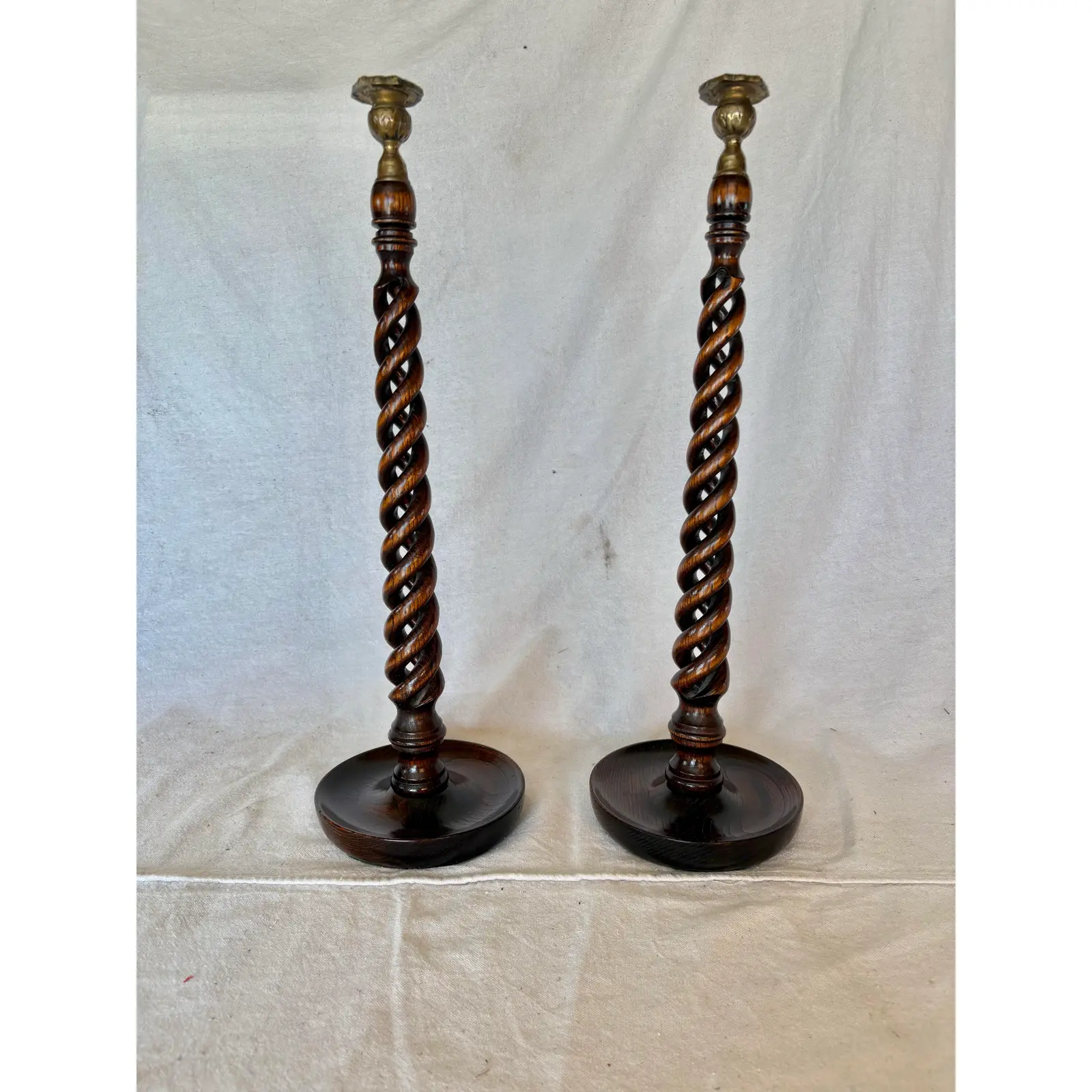 19th Century English Oak Open Barley Twist Candlesticks - A Pair - Image 3