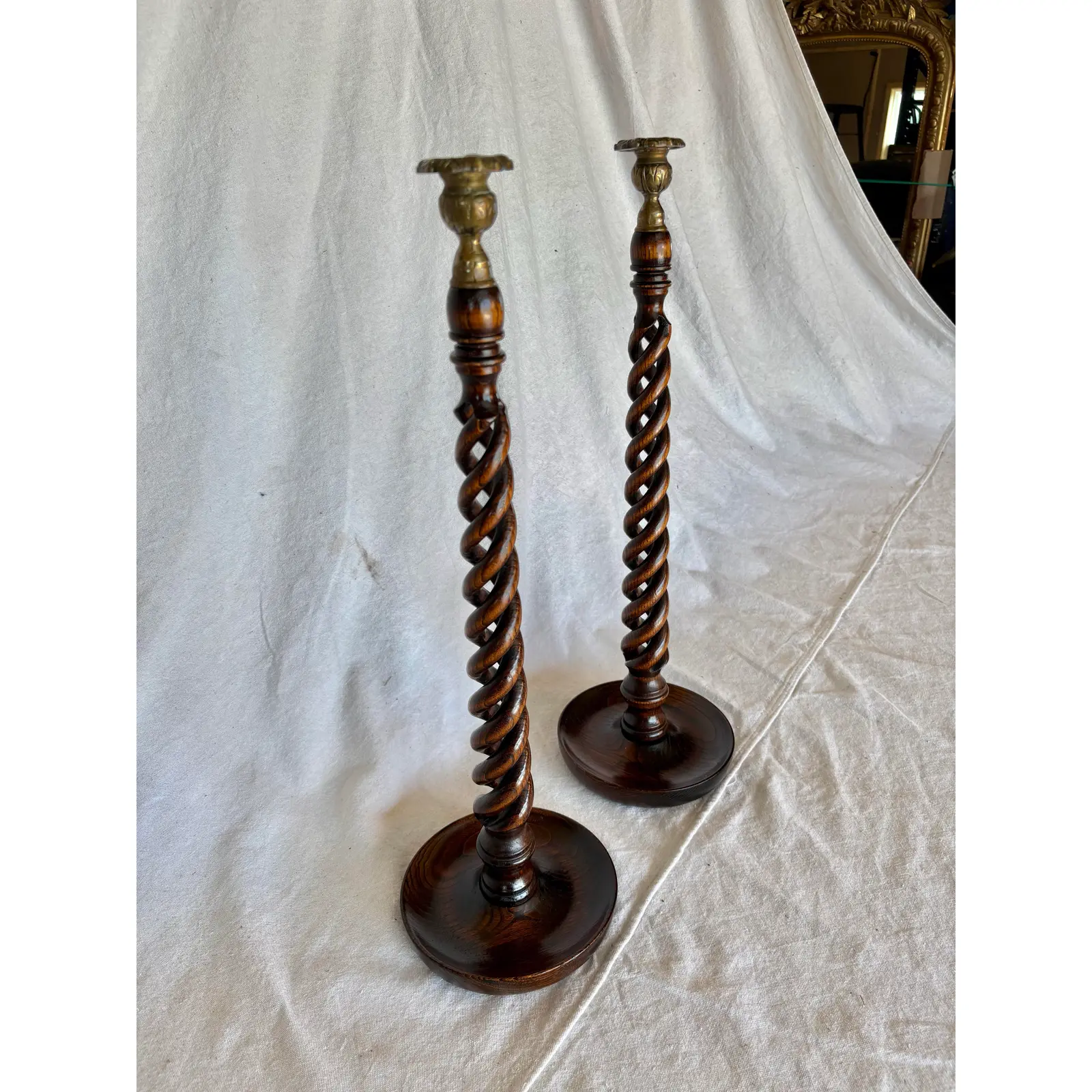 19th Century English Oak Open Barley Twist Candlesticks - A Pair - Image 4