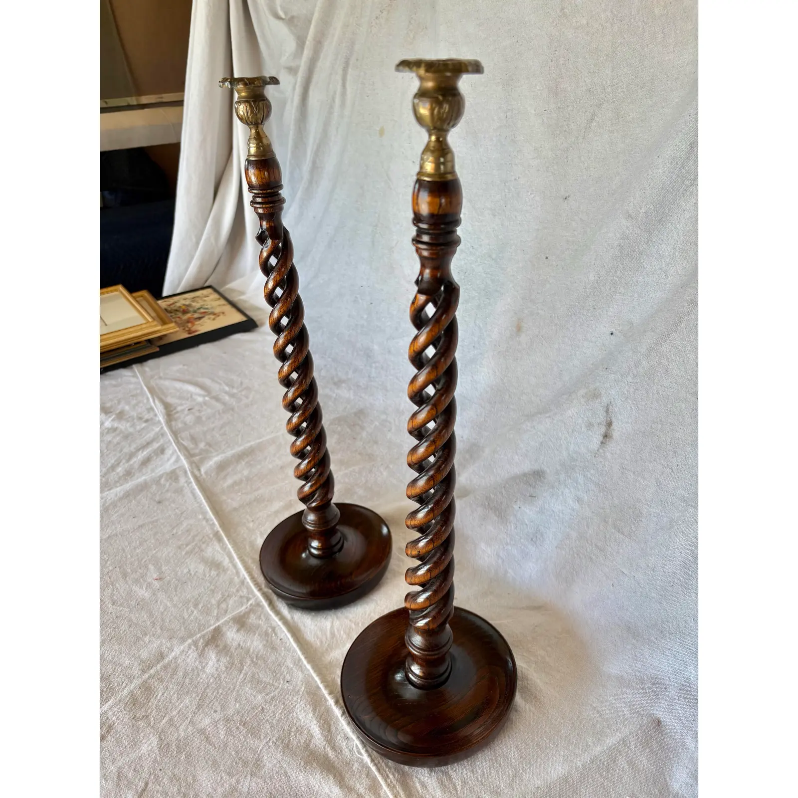 19th Century English Oak Open Barley Twist Candlesticks - A Pair - Image 5