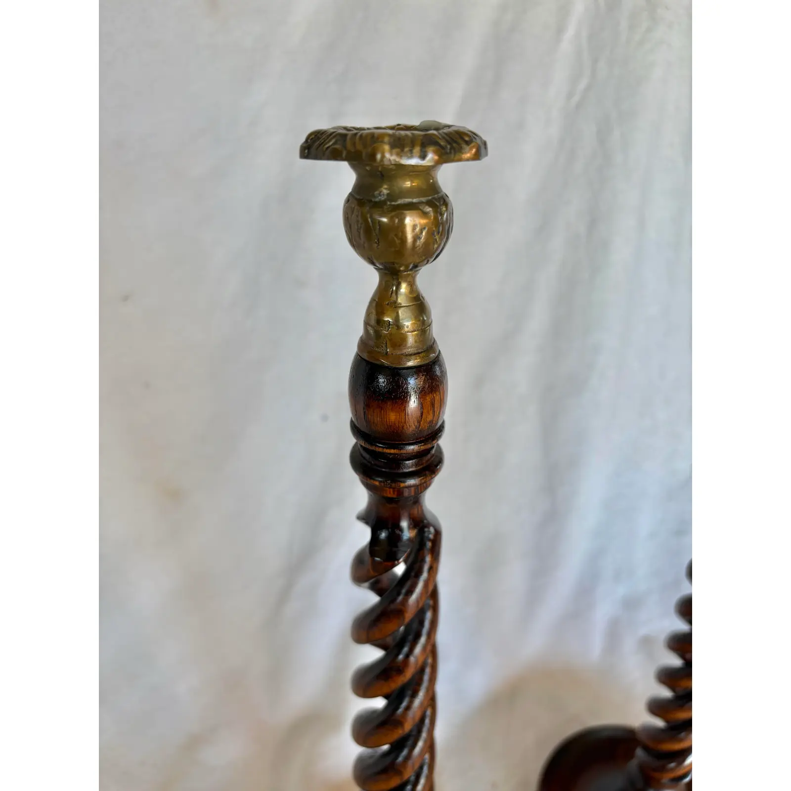 19th Century English Oak Open Barley Twist Candlesticks - A Pair - Image 6