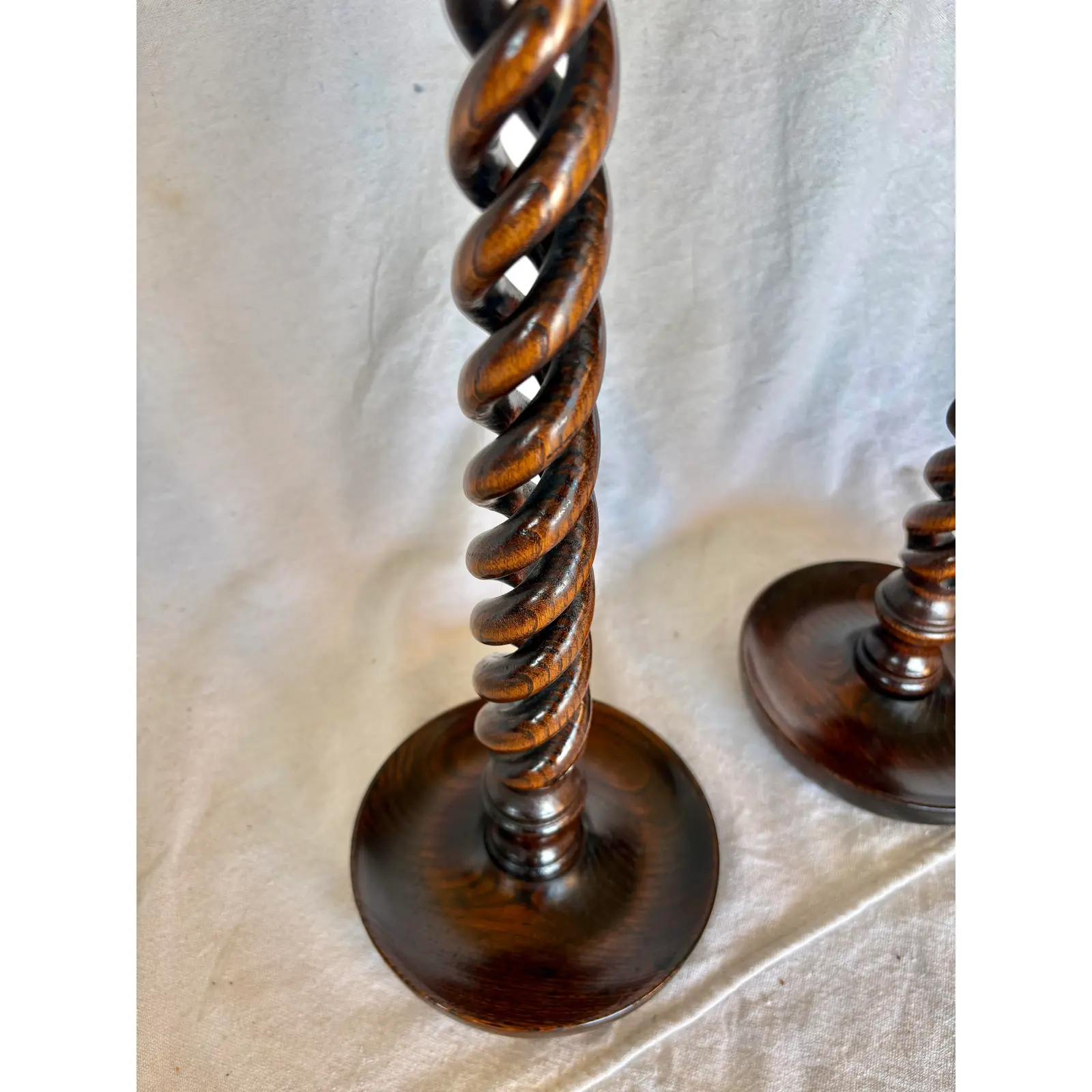 19th Century English Oak Open Barley Twist Candlesticks - A Pair - Image 7