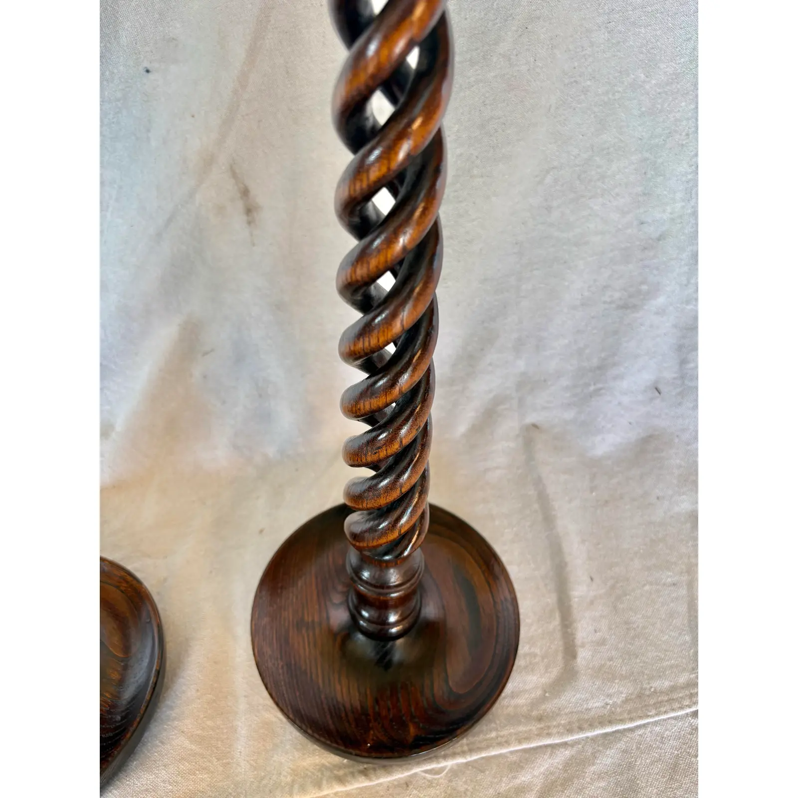 19th Century English Oak Open Barley Twist Candlesticks - A Pair - Image 9