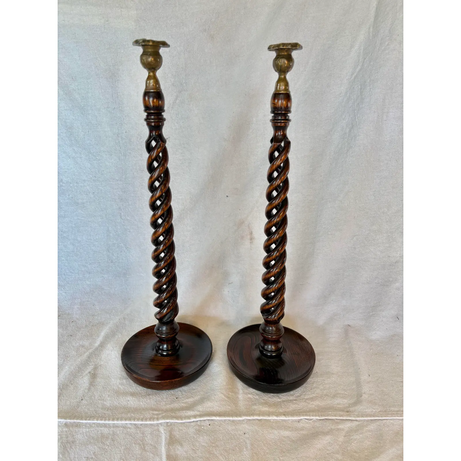 19th Century English Oak Open Barley Twist Candlesticks - A Pair - Image 10
