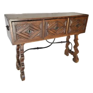 18th Century Spanish Walnut and Iron Three Drawer Console Table