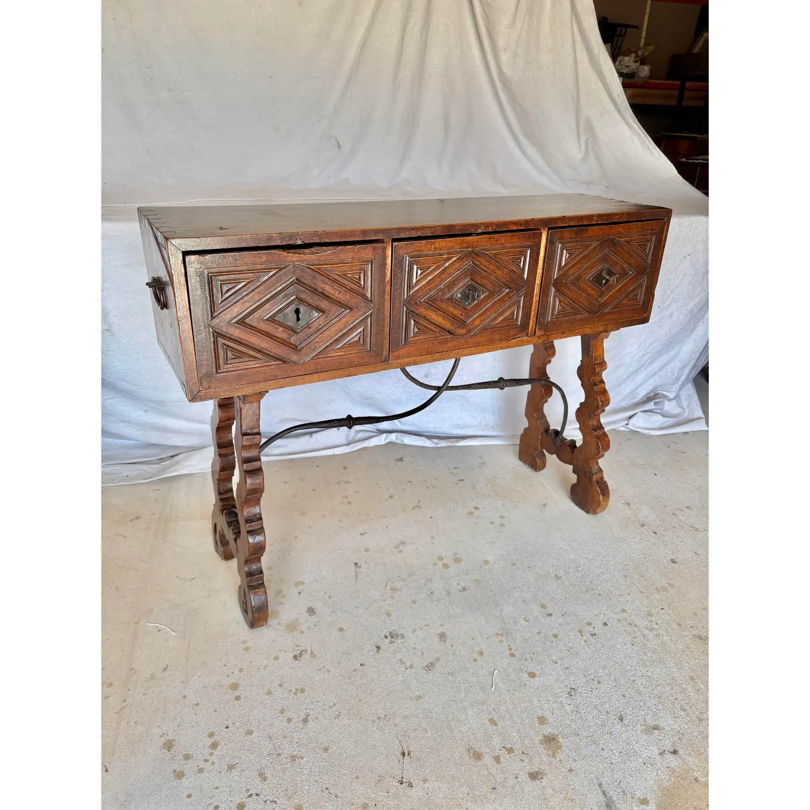 18th Century Spanish Walnut and Iron Three Drawer Console Table - Image 2