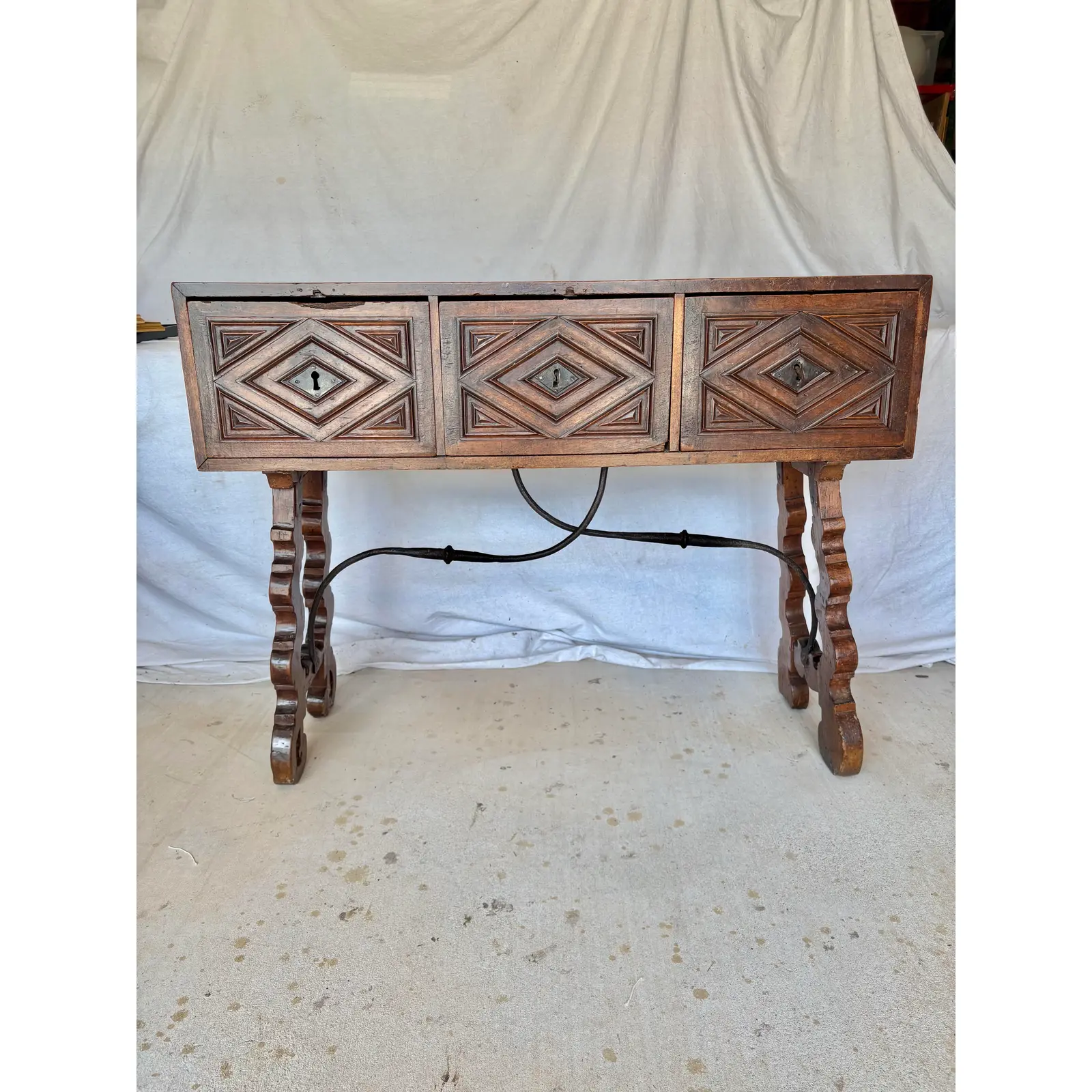 18th Century Spanish Walnut and Iron Three Drawer Console Table - Image 3