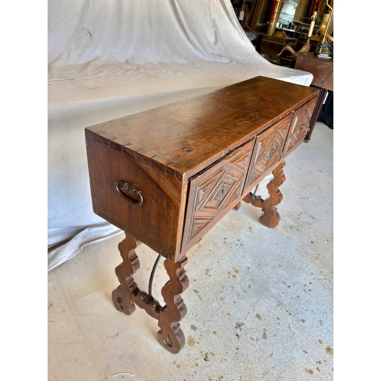 18th Century Spanish Walnut and Iron Three Drawer Console Table - Image 4