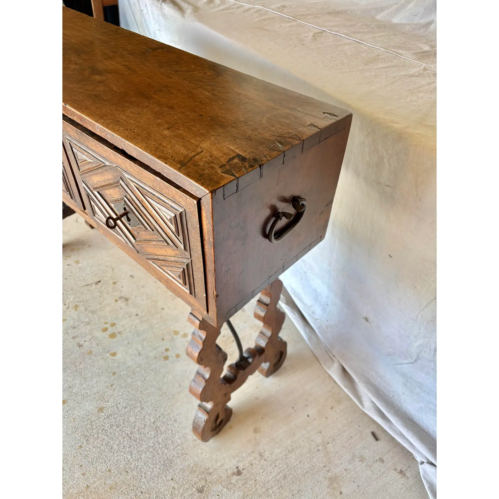 18th Century Spanish Walnut and Iron Three Drawer Console Table - Image 5