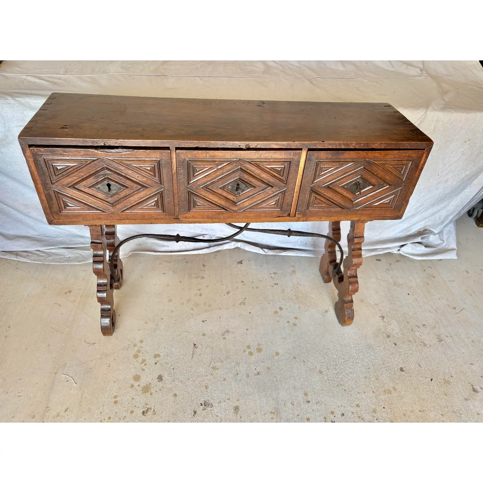 18th Century Spanish Walnut and Iron Three Drawer Console Table - Image 6