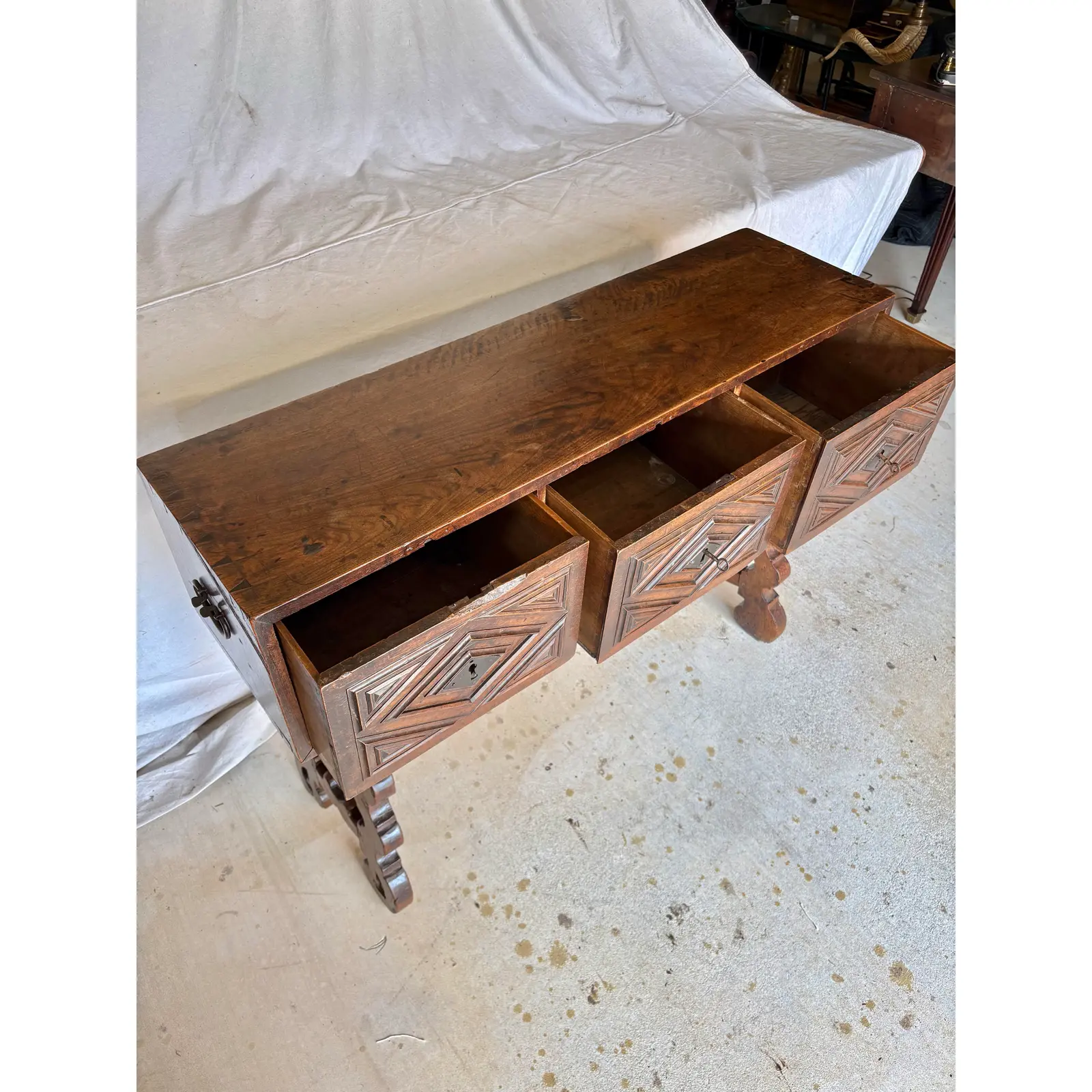 18th Century Spanish Walnut and Iron Three Drawer Console Table - Image 7