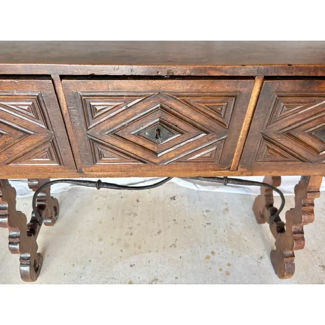 18th Century Spanish Walnut and Iron Three Drawer Console Table - Image 8